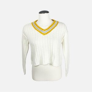 ✨ Filocaly White Knit Cropped Sweater w/ Mustard & Blue Stripe V-Neck (S) ✨